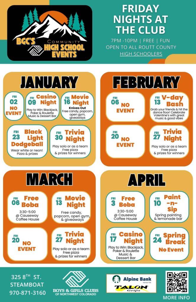 Poster of all Spring BGC High School Community Events.