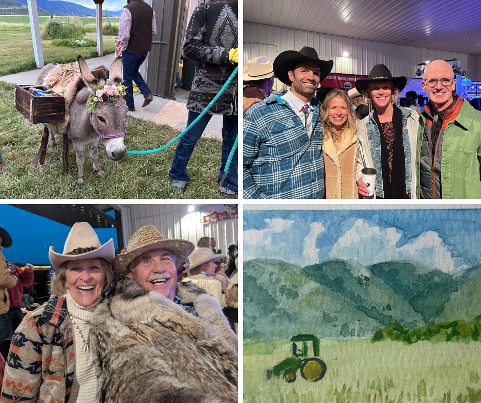Collage of photos showing a donkey, guests dressed for the Hoedown in western wear, and a watercolor of the farm and a tractor.